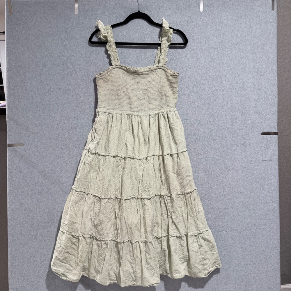 J.Crew Women Sage Green Swiss Dot Smocked Tiered Midi Dress Ruffle Strap Size M